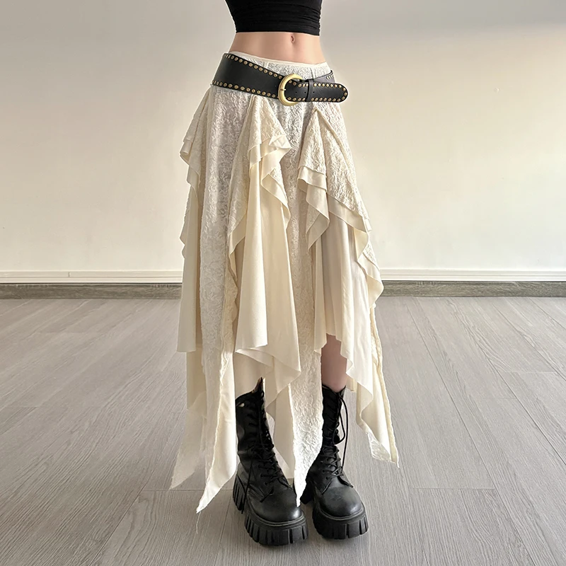 

Irregular Lace Length Slimming Skirt Women's Low-waist A-line Mid-length Vintage Sle Polyester Fabric