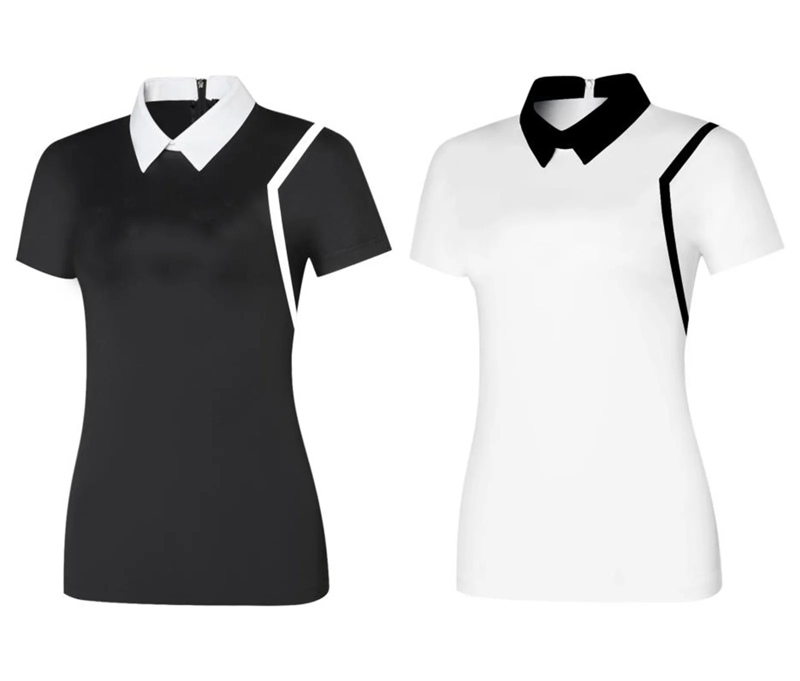 

Quick-Drying Moisture-Wicking Sports Top Women S-XXL - Contrast Color Golf Shirt Turn-Down Collar Short Sleeve Back Zipper