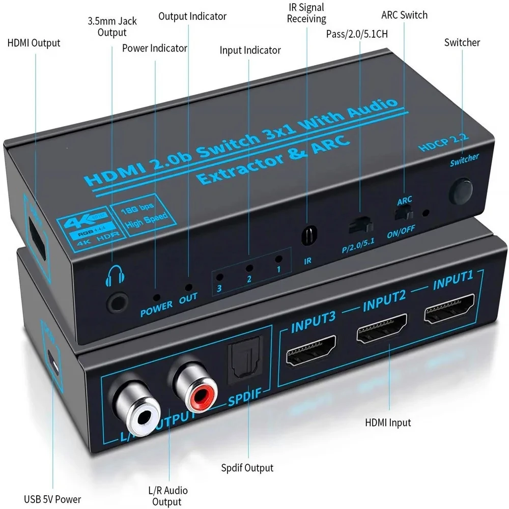 4K 60Hz HDMI-Compatible Switcher Audio Extractor 3-in-1-out HDMI Audio Switch with R/L+SPDIF +3.5 Jack Audio Switch 3x1 Adapter