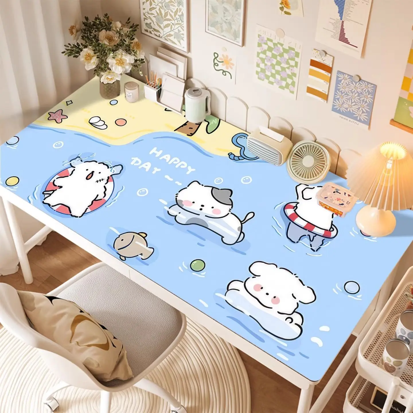 Summer Cool Cartoon Blue Line Puppy PVC Leather Mouse Pad Extra Large Mouse Pad Pink Keyboard Pad Office Desk Pad Y2K