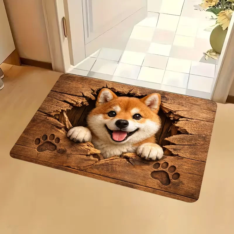 Alfombra antideslizante con diseño de Shiba Inu de Broken Wood, alfombra de entrada con estampado de pata de cachorro y ilusión óptica para el porche delantero