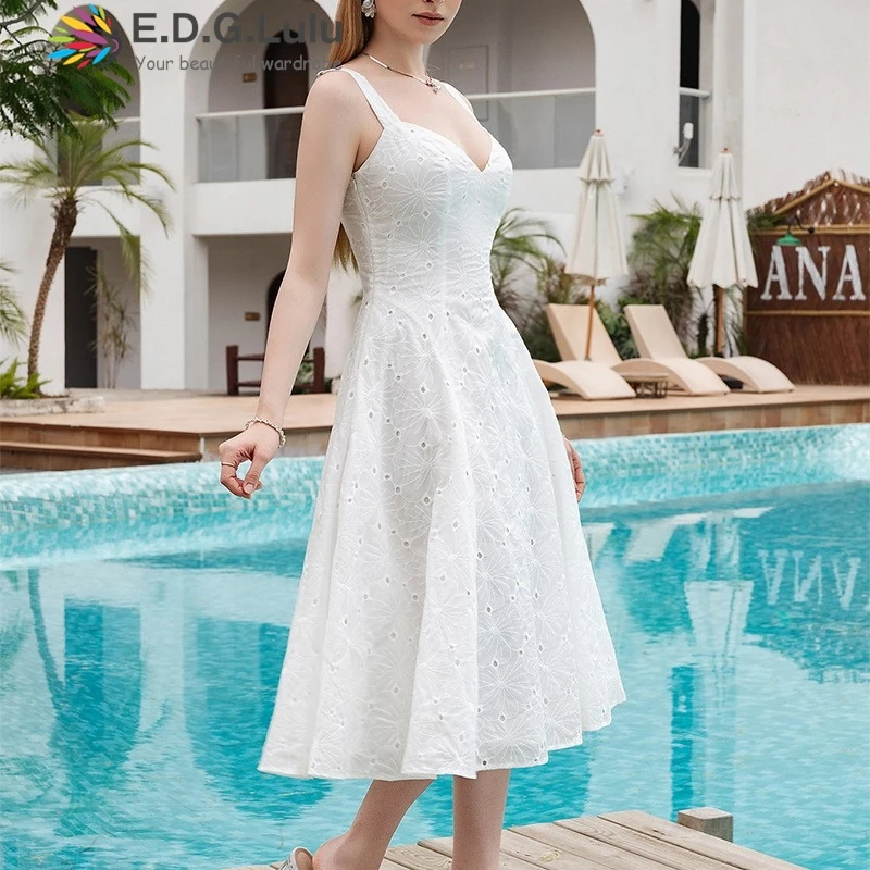 EDGLuLu Summer 2025 V-neck jacquard suspender dresses 2025 woman backless drawstring lace-up Sexy white dress