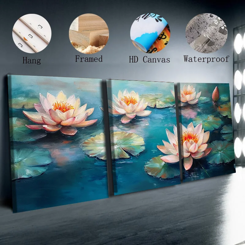 3 шт. холст в рамке, настенное искусство - водяные лилии на воде, каждая 11,81x15,74 дюйма, водонепроницаемый холст HD, современный дом и офис, декабрь