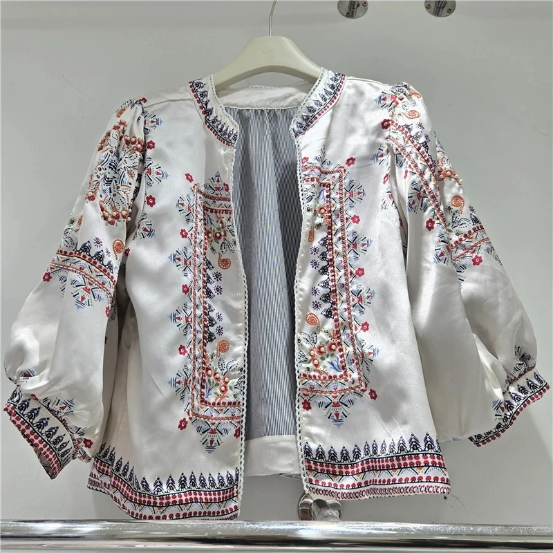 Harajuku Vintage Ethnic Style White Short Cardigan Coat Fashion Beaded Flower Print Round Neck Three-Quarter Sleeve Female Coats