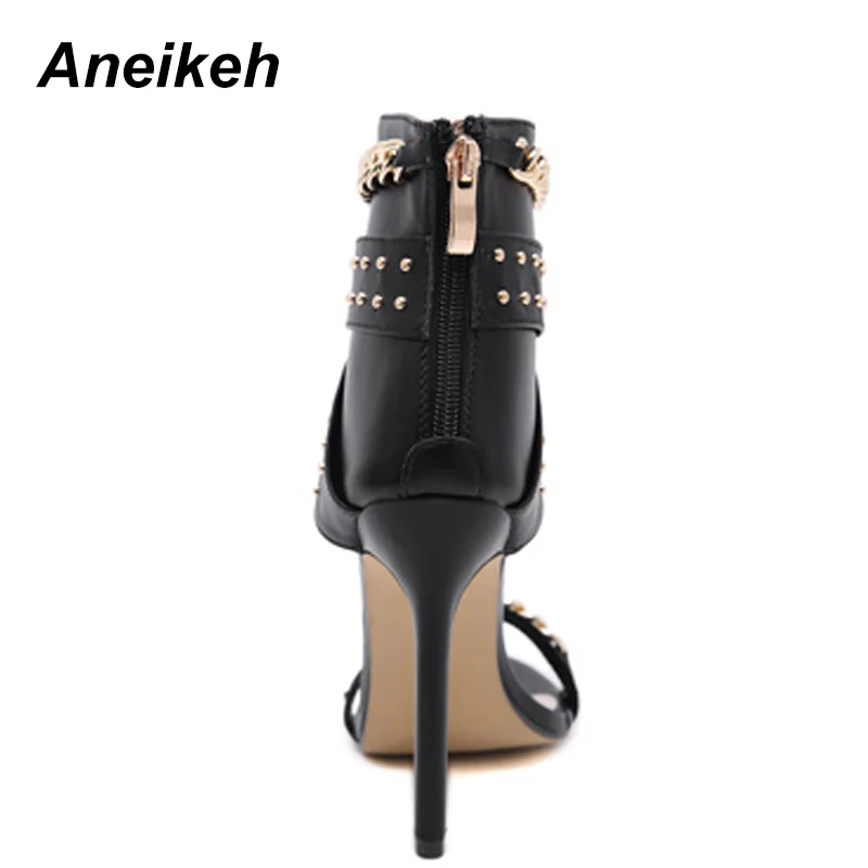 Aneikeh Sexy Rivet Metal Chain Sandals Boots Peep Toe Thin Heel Pumps Gladiator Sandalias Zipper Women High Shoes Summer 2025