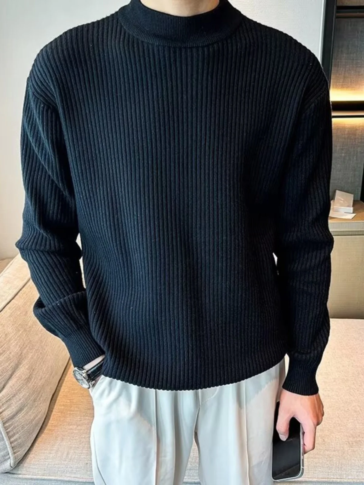 

Bla Textured Knit Sweater Long Sve f High Ne Men's Autumn Winter Faionable Versatile Korean Sle Innerwear irt