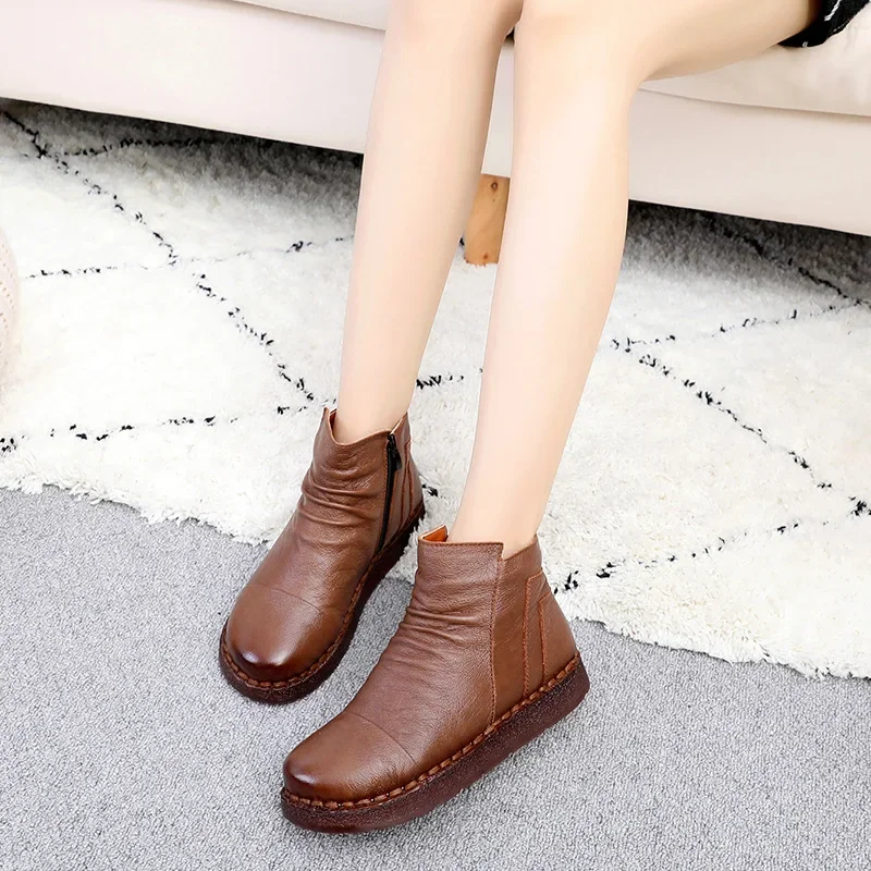 2024 Women Boots Winter Cow Leather Handmade ankle boots Flat Shoes Solid Genuine Leather Snow Boots for Women