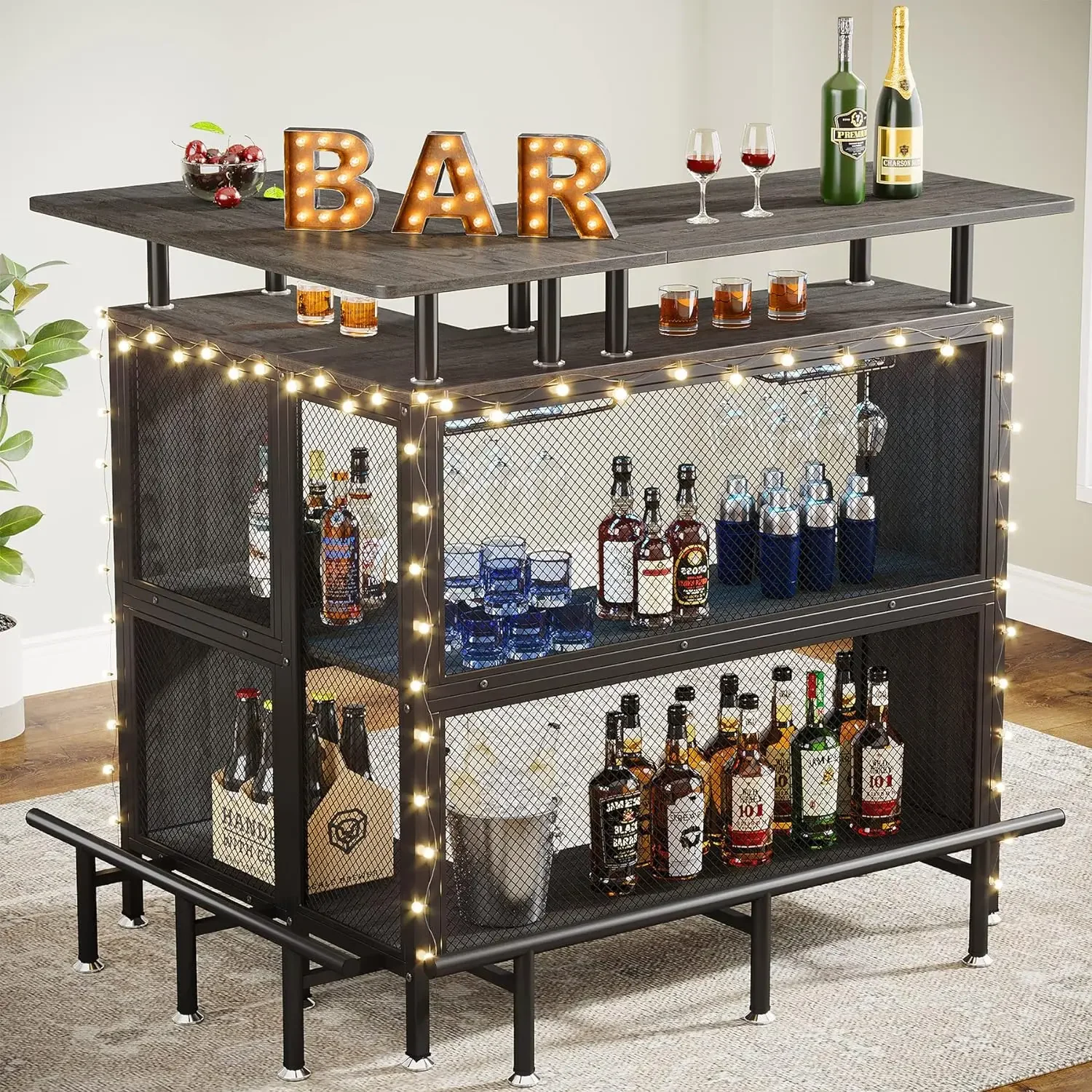 Home Bar Unit, L-Shaped Bar Table with Stemware Racks and 2-Tier Shelves, Corner Mini Coffee Liquor Cabinet with Footrest