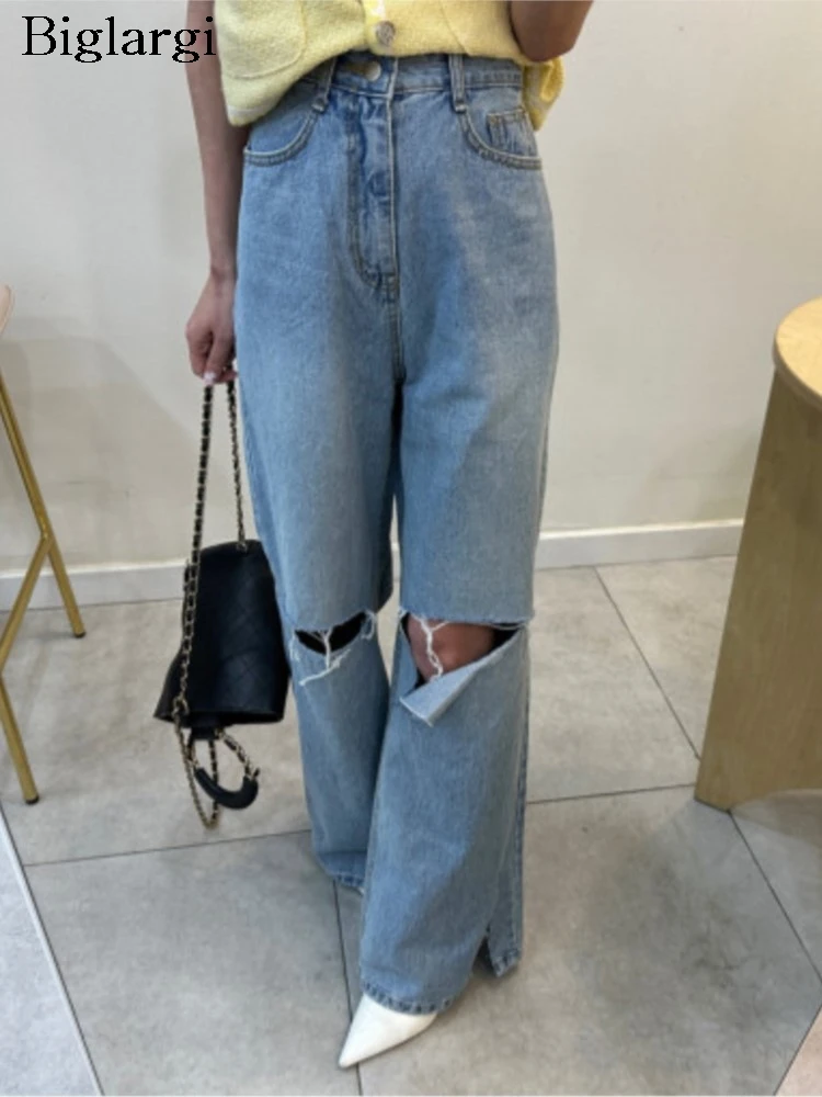 

Jeans Summer Long Straight Pant Women Hole Hollow Out Fashion Retro Ladies Trousers Korean Style Loose Pleated Woman Pants