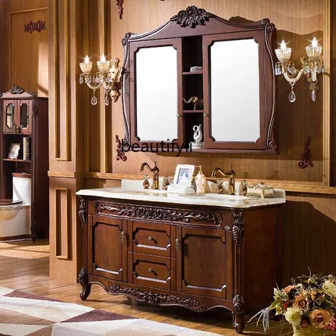 

European bathroom cabinet mirror cabinet red oak wash basin cabinet combination floor solid wood carving flower