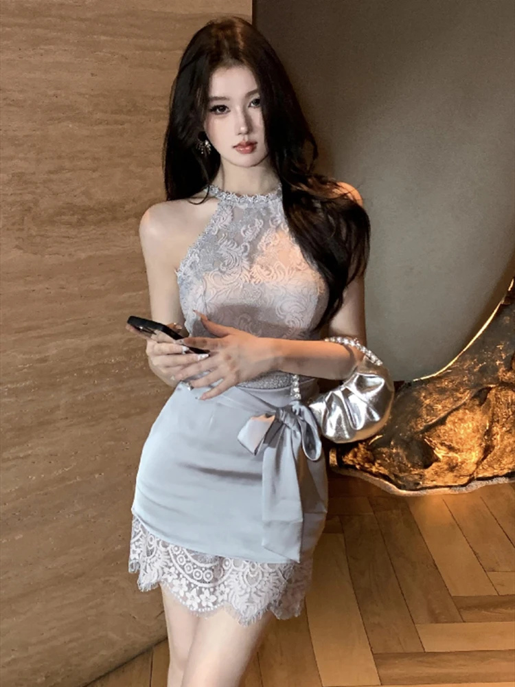 숙녀 디자인 감각 레이스 오프 숄더 드레스 2025 새로운 프랑스어 섹시한 스타일 하이 웨이스트 슬림 불규칙한 목 조끼 드레스