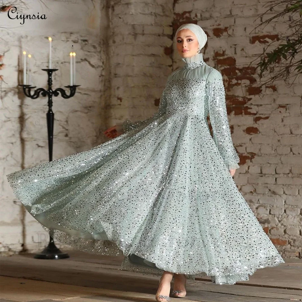 Ciynsia Customized Muslim Hijab Wedding Party Dress Ankle-Length Prom Dresses Long Sleeves A-Line Beads Lace Evening Gowns 2025