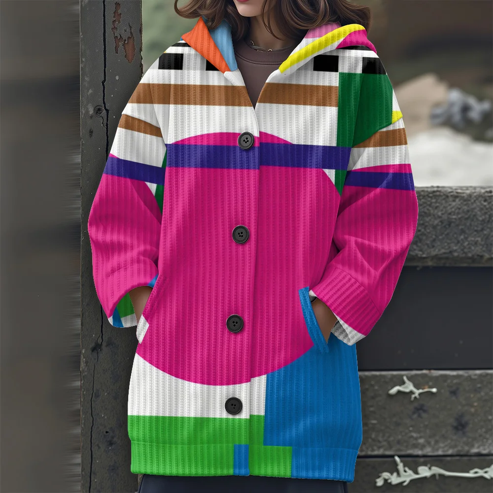 추상 기하학 캐주얼 여성용 스웨터 불규칙한 라인 긴 스웨터 기하학적 줄무늬 긴팔 스웨터