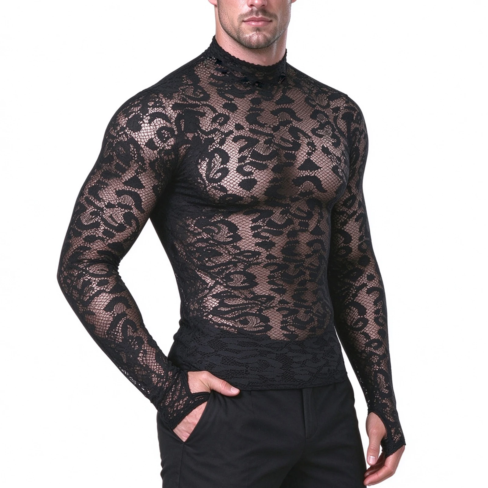 Langarm-Workout-T-Shirt für Herren, Gym-Leopard-Mesh, Stehkragen, Spitze, athletisches, transparentes Oberteil, Trainings-T-Shirt, Lauf-Sportshirt mit Daumenloch – Detail 7