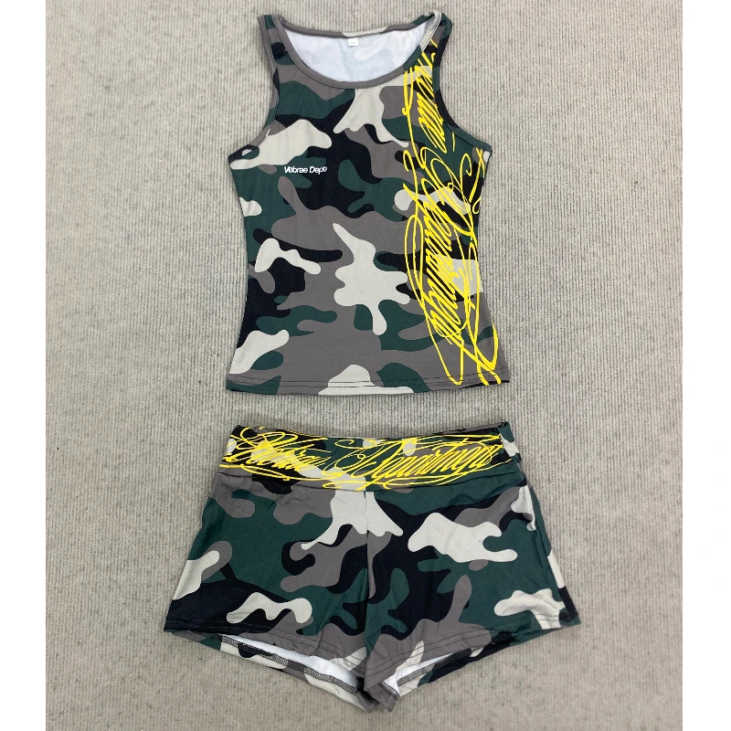 2026 New American Retro Y2k Letter Camouflage printed vest High Street picy girl emo U-neck exposed navel sleeveless top shorts