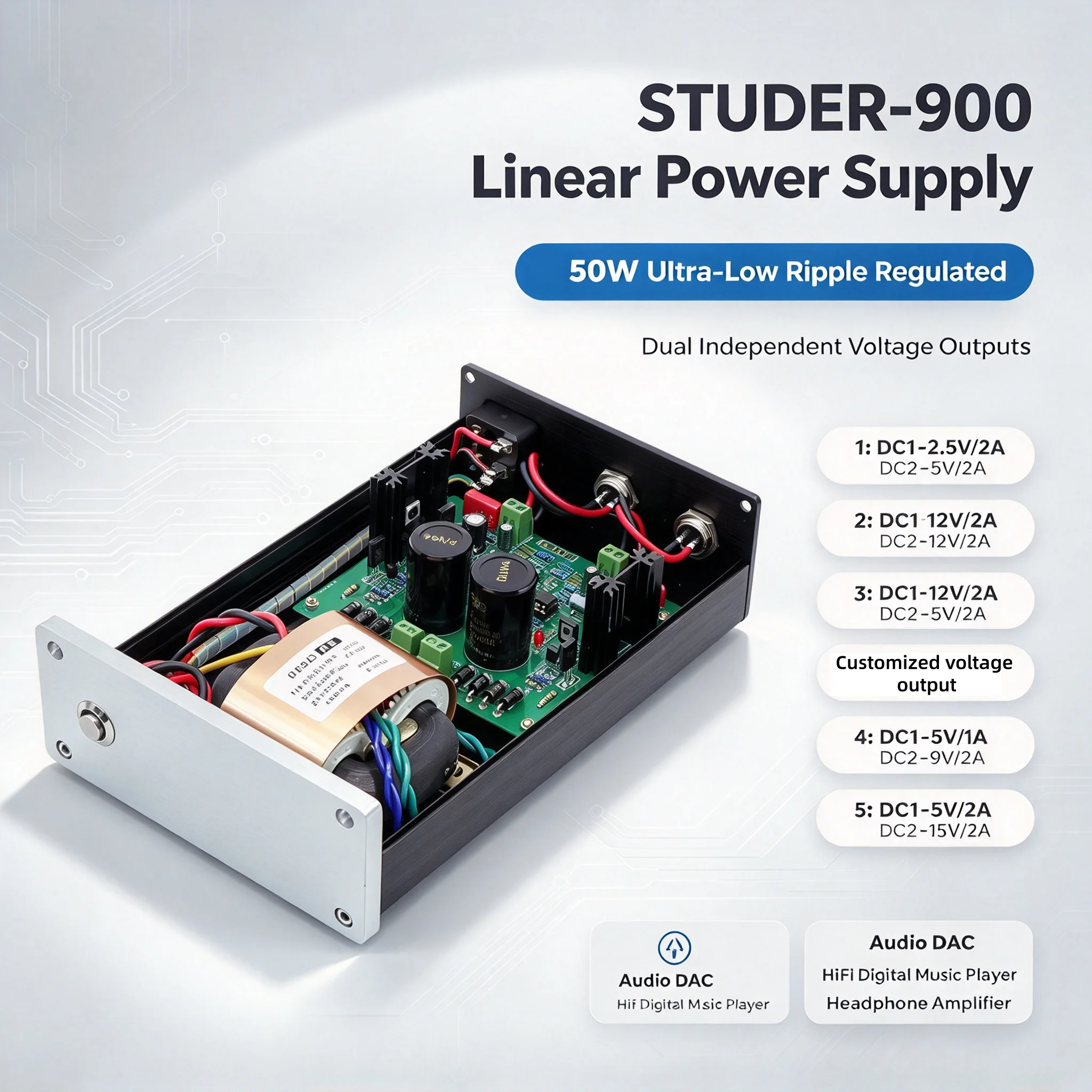 50W Swiss STUDER-900 ultra-low ripple regulated linear power supply dual independent voltage DC 5V 12V 2A For DAC tube amplifier