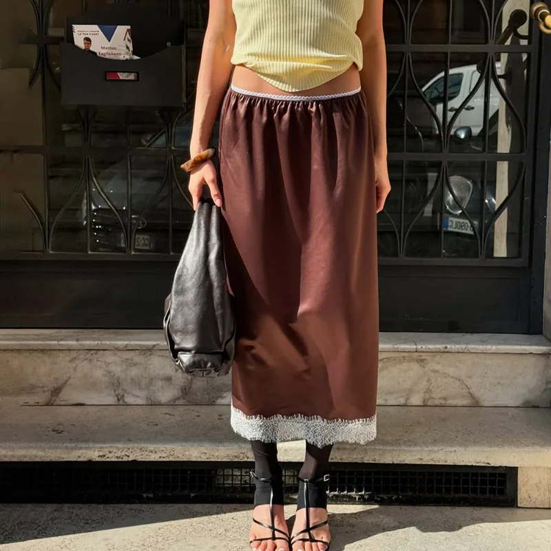 Tuularose Fashion Lace Skirts Vintage Brown Lace Patchwork Casual New Skirts Elegant Luxury Party Looks Commuter Women Skirts