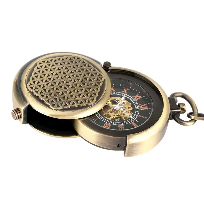 Large Size Bronze Pocket Watch Handwinding Mechanical Clock Roman Number Dial with Alloy Pendant Chain reloj