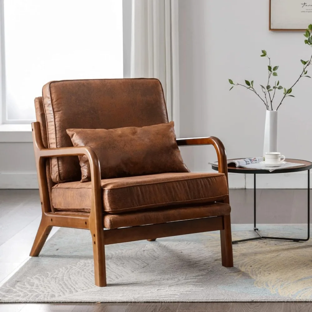 Coffee chair in the living room, comfortable armchair in solid wood with pillows, side chair in microfibre leather