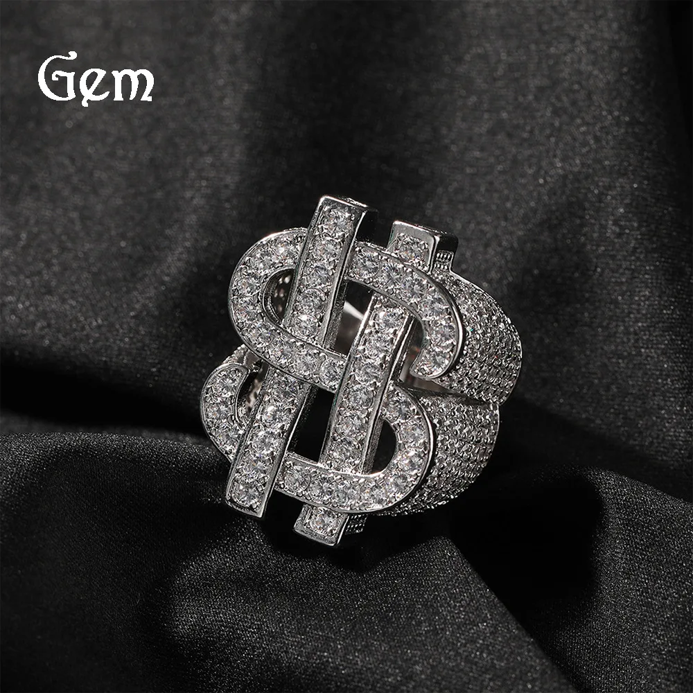 

Hip Hop New Hot Selling Unisex Hollow Dollar Symbol Ring Full of Zircon Trendy Personalized Men's Ring Women