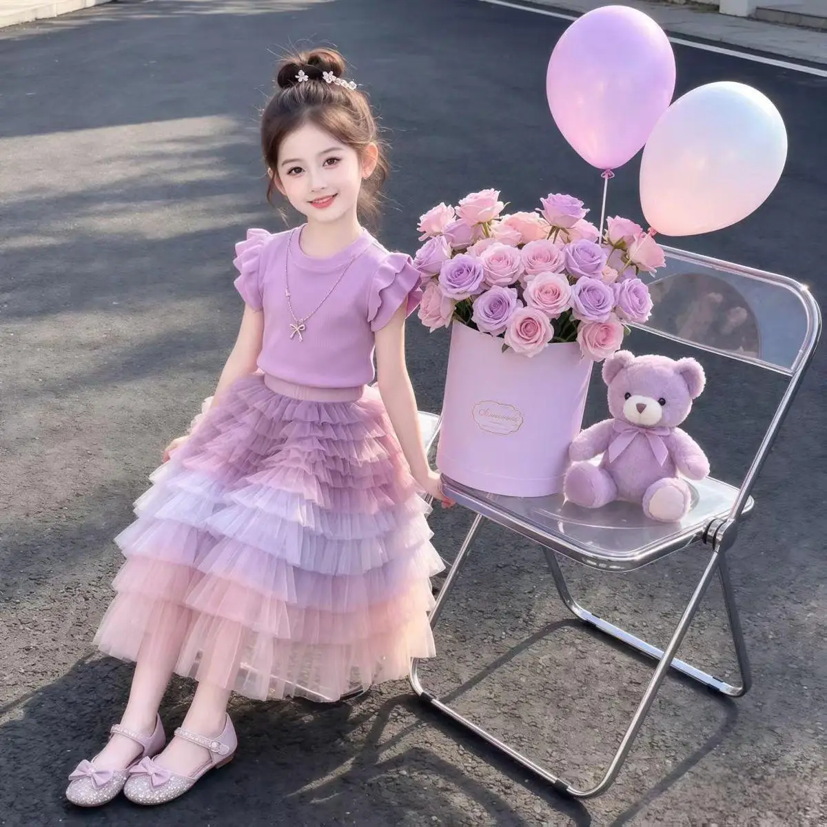 

Girls Summer Outfit Set New 2026 Sweet Stylish Cute Sleeveless Top + Cake Skirt Two-Piece Set for Kids 120-170cm