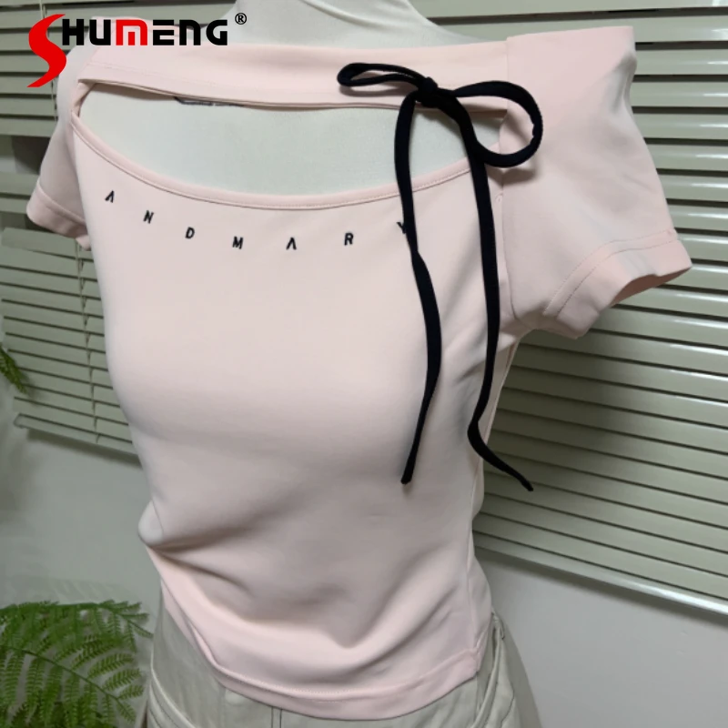 

Japanese Lolita Kawaii Tshirts 2025 Summer Sweet One-word Shoulder Bow Hollow Slim-fitting Short-sleeved T-shirts Tees Pullovers