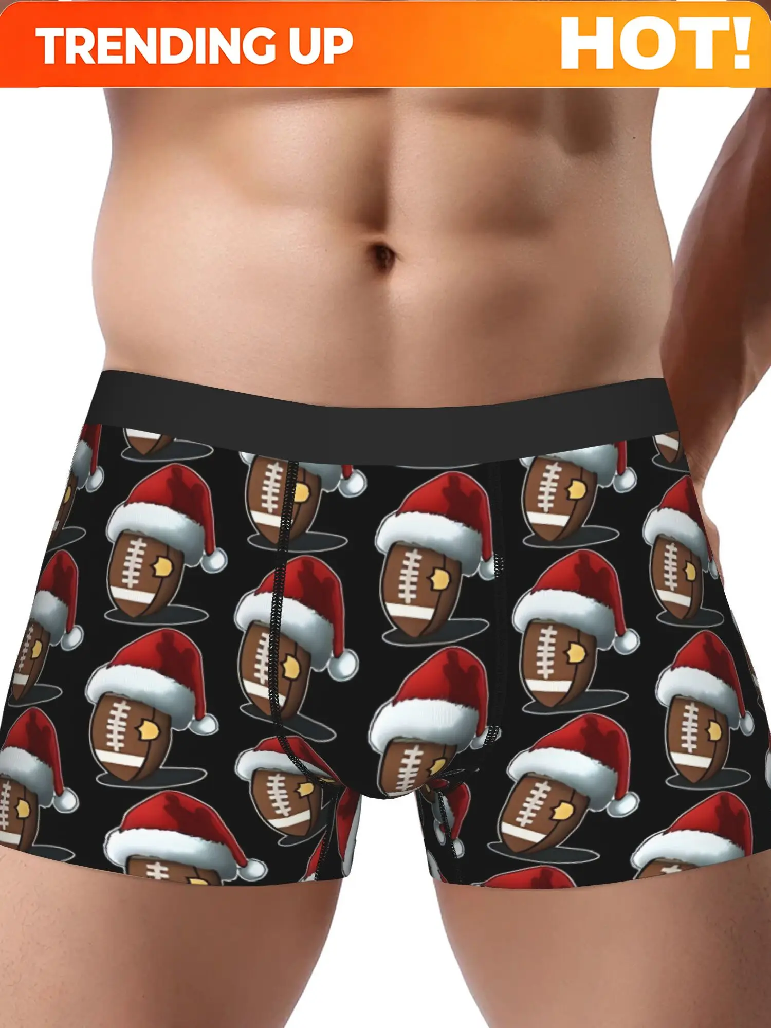 1pc Men' Christmas Boxer Briefs Underwear Shorts with Santa Claus Hat & American Football Print - Breathable Panty Shorts Suitab