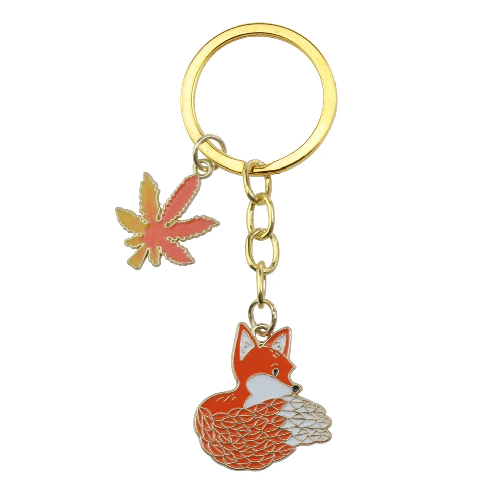 Maple Leaves Fox Key Ring Animal Key Chains Souvenir Gifts For Women Men Car Keys DIY Handmade Jewelry