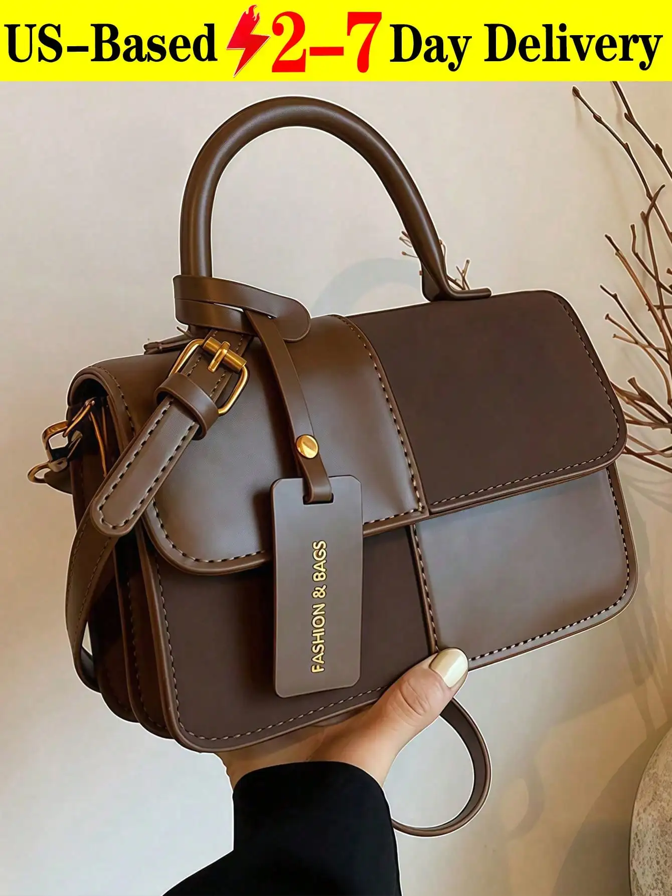 

Коричневая сумка-кроссбоди в винтажном стиле с элементами пэчворка, верхней ручкой и регулируемым ремнем