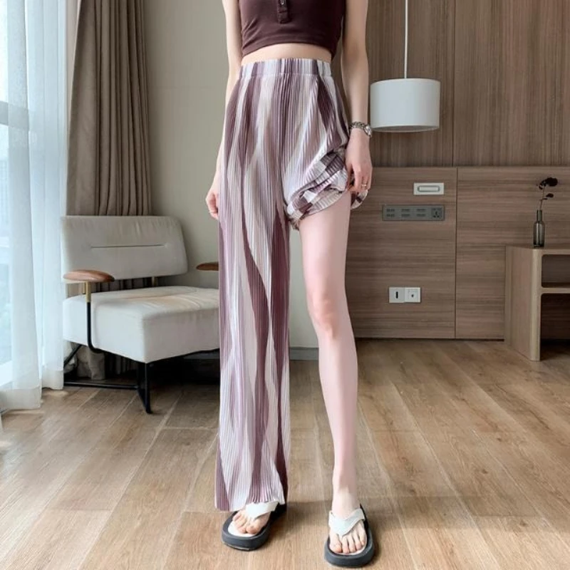 

Summer Women's Casual Pants Wide Leg Design Tie Dye Accent Pleated High Waist Lightweight Draping Straight Leg Floor Length