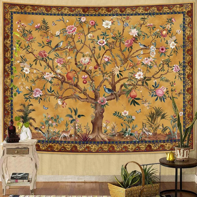 VIKAMA Boho Life Tree Wandteppich, ein Vintage-Wandteppich mit Blumen-, Blatt-Vogel-, Pflanzen- und Tiermuster, im Retro-Indianer-Bohemian-Stil.