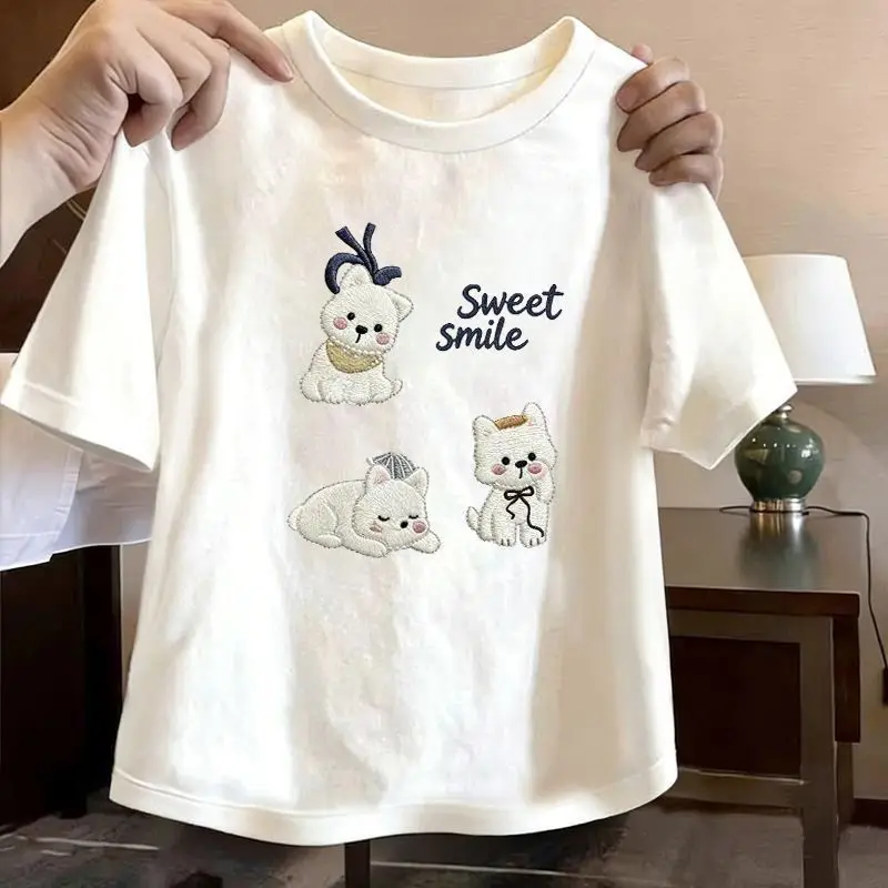 Camiseta de dibujos animados bordada con perro Westie para niñas, camiseta de manga corta con estampado de "sweet Smile", camiseta informal de algodón suave para niñas pequeñas