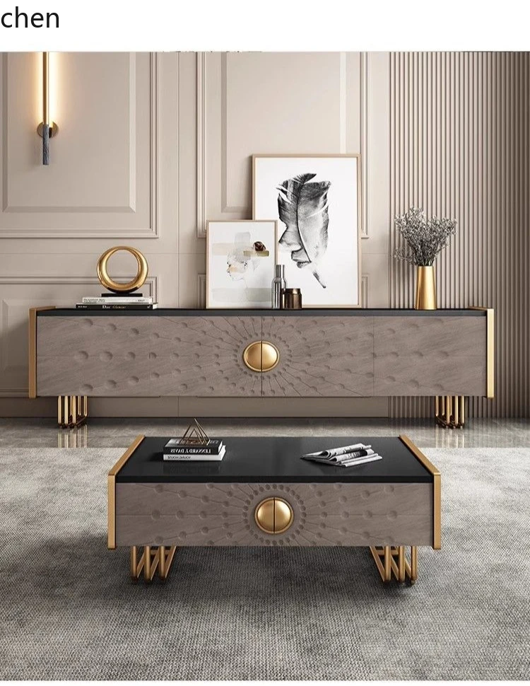 ZML TV Cabinet and Coffee Table Set Modern Villa Living Room Floor Cabinet Bedroom Storage Side Cabinet