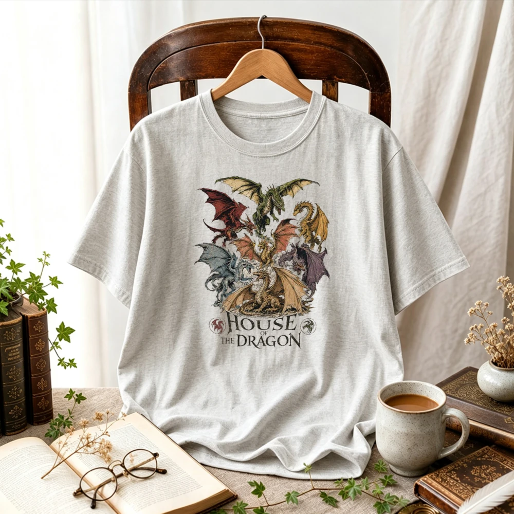 House of The Dragon Multiple Dragons T-Shirt Vintage Dragon Cluster Graphic Fantasy TV Show Fan Casual Tops Dragon Lover Gift