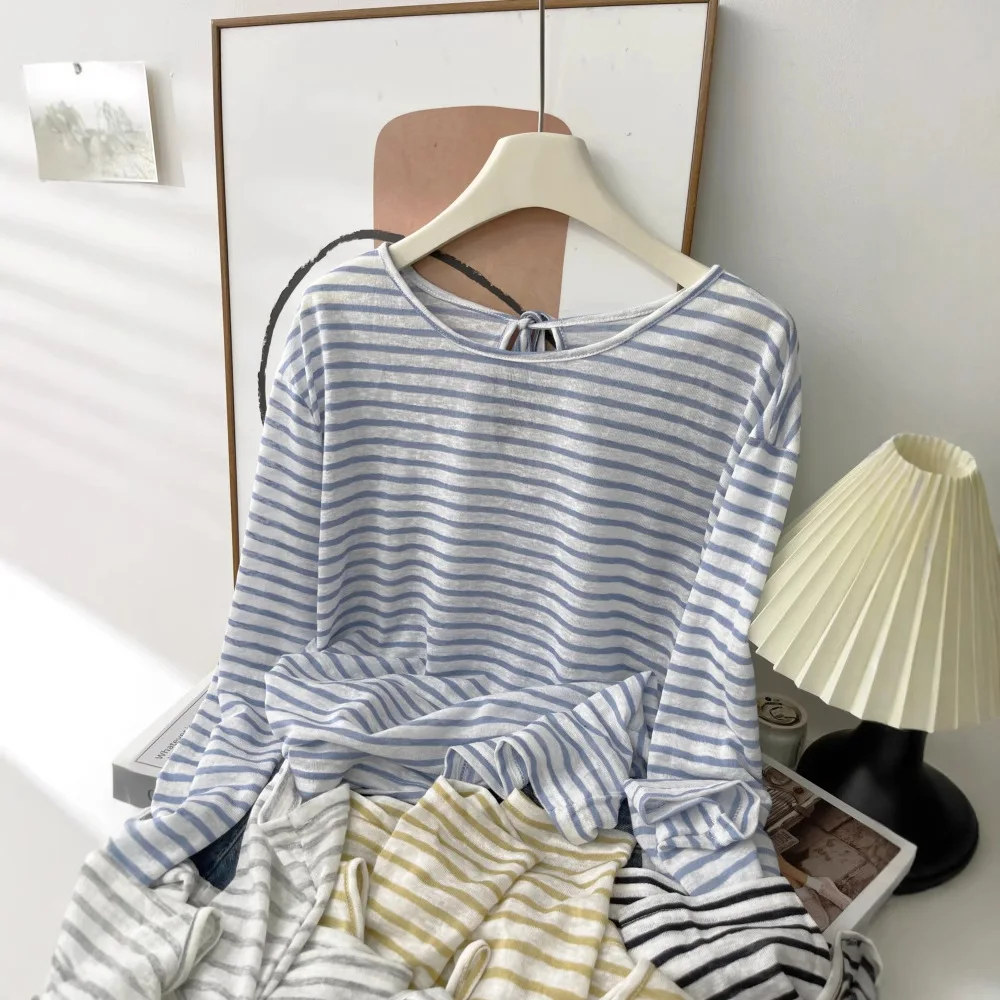 

Полосатая футболка с длинными рукавами в корейском стиле — женский свободный тонкий солнцезащитный топ, повседневная летняя накидка