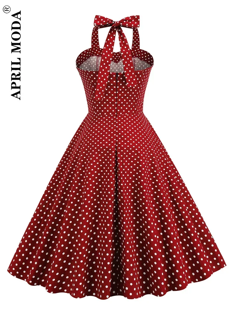 Women Red Polka Dot Party Halter Dress Vintage 50s Rockabilly Hepburn Elegant Strapless Swing Retro Short Midi Tunic Pinup Dress