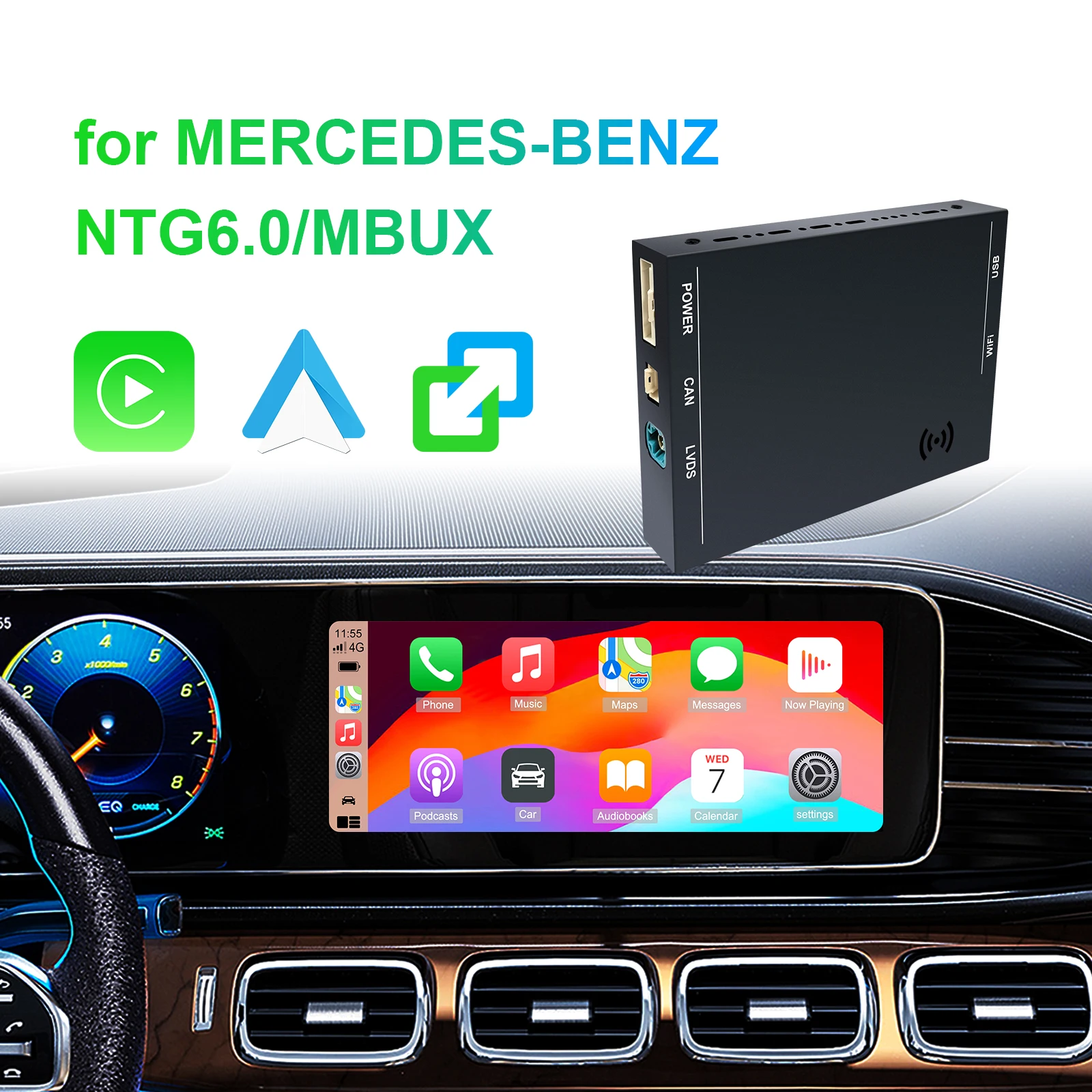 مجموعة ترقية شاشة OEM صندوق فك تشفير CarPlay Android وصلة مرآة أوتوماتيكية لنظام Benz A B C E GLA GLK GLS CLA ML Class NTG 6 MBUX