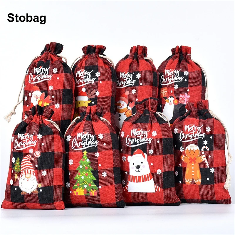 

StoBag 50pcs Wholesale Merry Christmas Linen Bags Drawstring Small Gift Storage Packaging Bundle Pocket Kids Pouch Party Favors