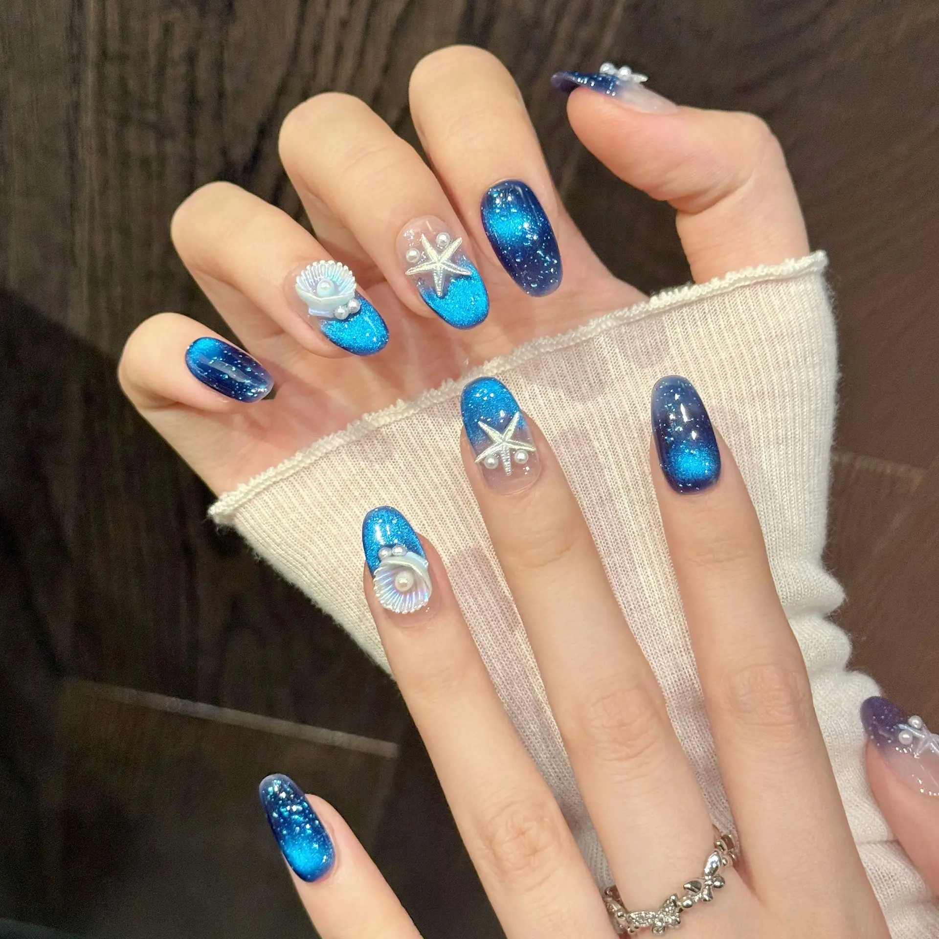 10 قطع من ملصقات أظافر نجم البحر الأزرق بتصميم بيضاوي قصير مصنوع يدويًا على أظافر على طراز المحيط #3