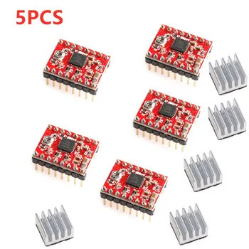 Controlador paso a paso A4988 + disipador de calor para piezas de impresora 3D Reprap, controlador de Motor paso a paso rojo con accesorios de disipador de calor, 5 uds.