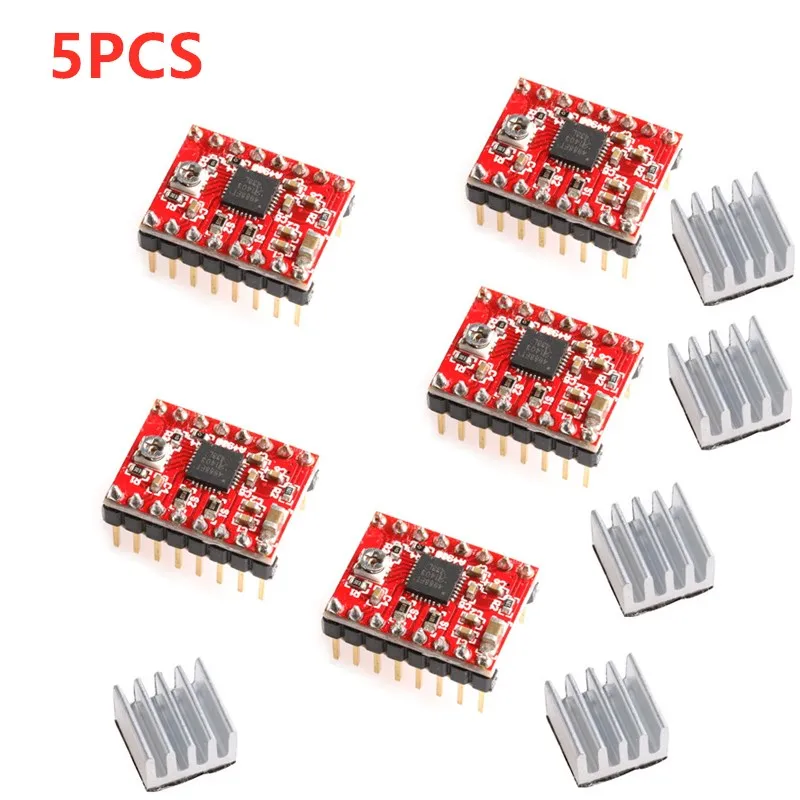 5 SZTUK A4988 Sterownik krokowy + radiator do części drukarki 3D Reprap Czerwony sterownik silnika krokowego z radiatorem Akcesoria