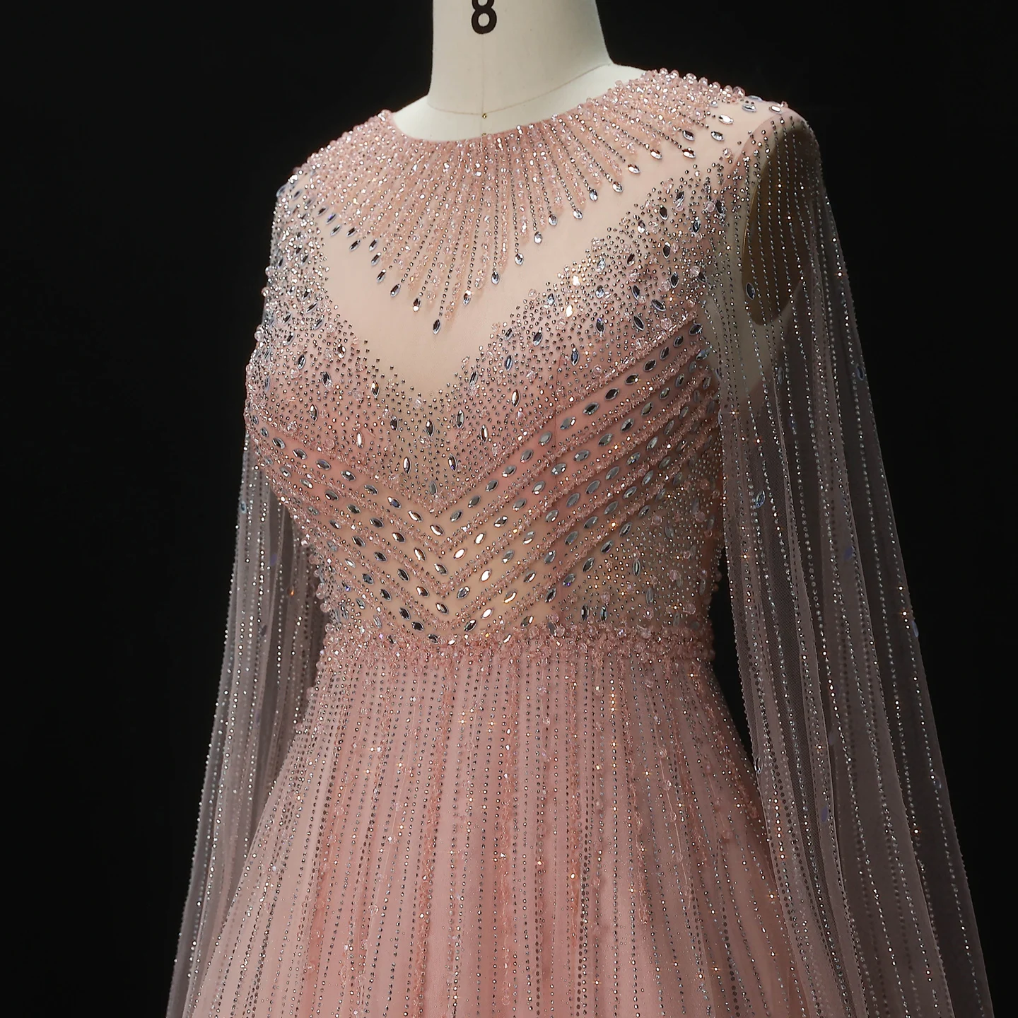 Sharon Said Luxuriöse Dubai Perlen-Kristall-Tüll-Abendkleider Elegante Cape-Ärmel Formelle Ballkleider SS054 Maßanfertigung – Detail 17