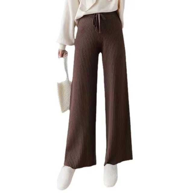 Thiened Pantalon à jambes larges tricoté Taille haute pour femme Automne Hiver Pantalon ample drapé à jambes droites Pantalon long en laine e Tube...