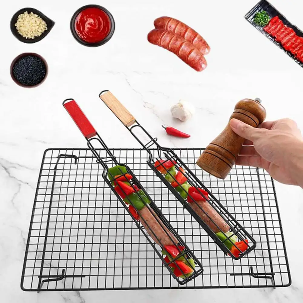 Dense Grid Gap Tongs Stainless Steel Barbecue Tongs with Grill Clip Rust-resistant Mini Bbq Cage Even Heat Distribution Hot Dog