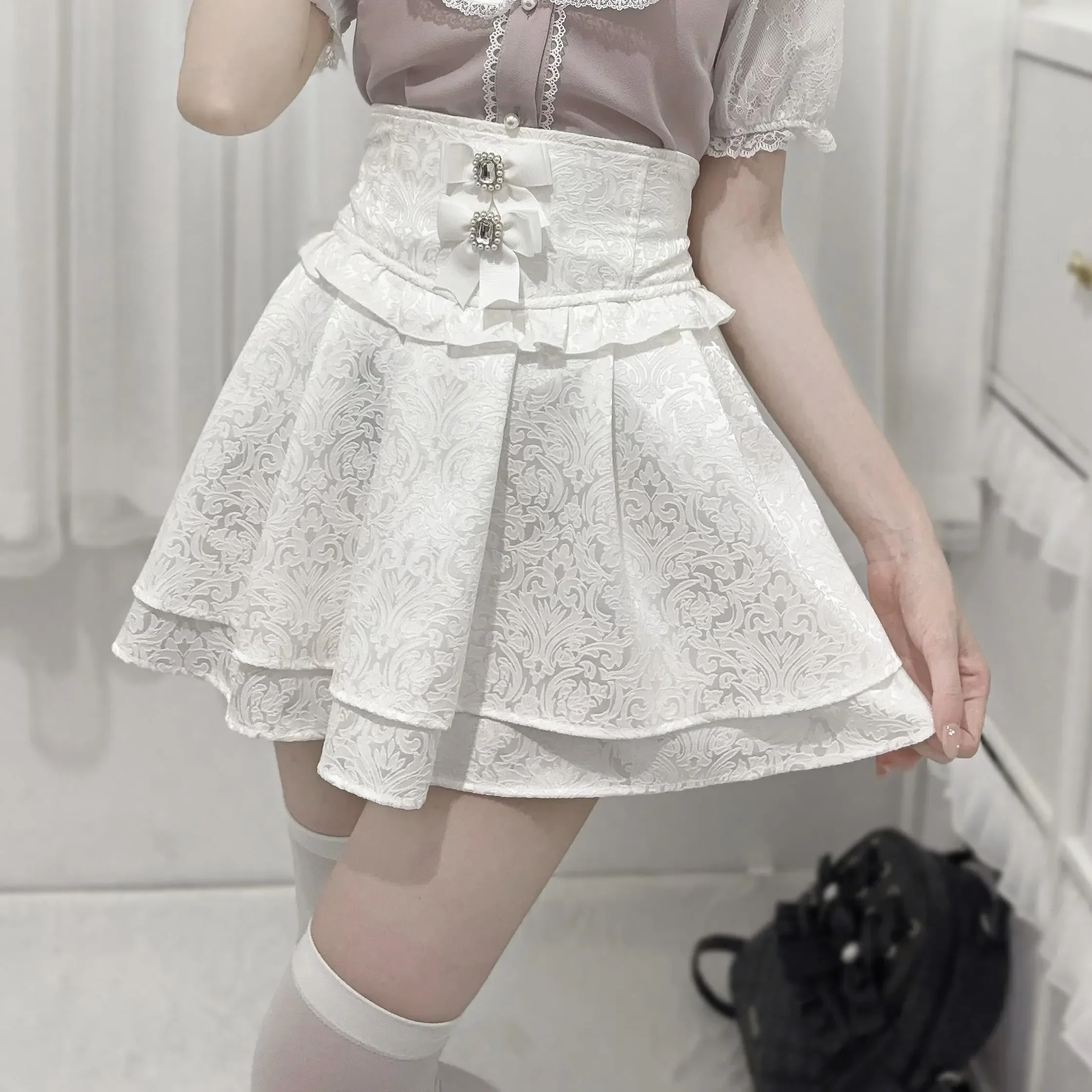 2025 New Summer Sweet Girls Bow Double-Layer Dark Pattern High Waist Short Skirt Mass-Produced Mine Series Lolita A-line Skirt