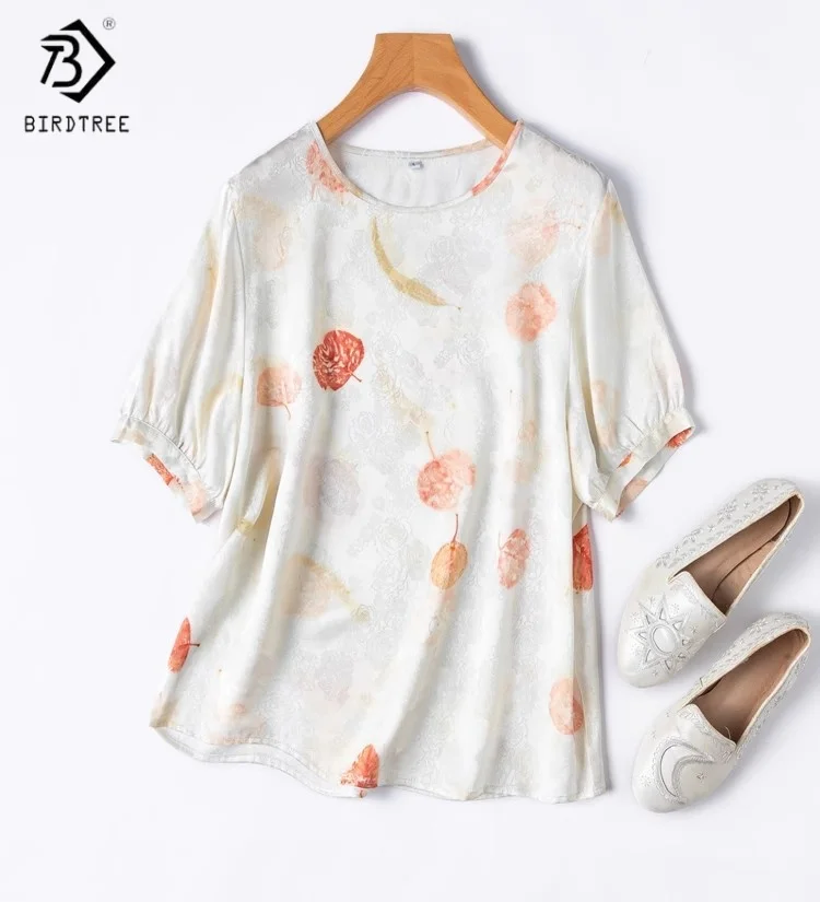 

Birdtree Summer 19MM 100% Mulberry Silk Tshirt, Jacquard Satin O-Neck Lantern Sleeve Printing Loose Shirt,2025 New T55021JF