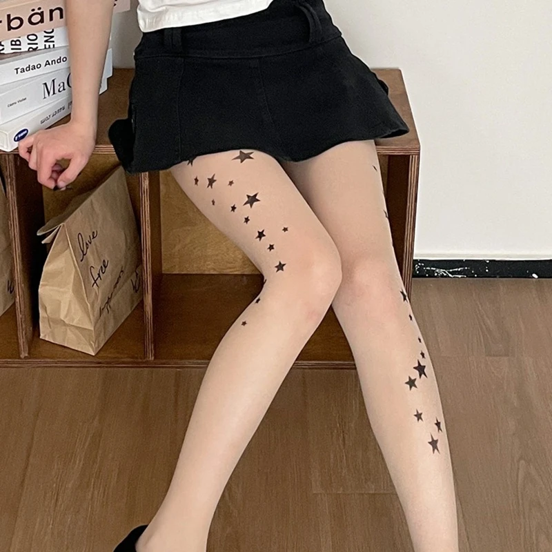 Women Sheer Tights with Pattern Star Printed Pantyhose Summer Spring Anti-Hook Girls Cute Gemoetric Pantyhose Female Thin Tight