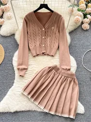 Spring Autumn Preppy Style Knitted Two Piece Set Women Kniwear Cardigan + Pleated Skirt Sets HotSweet Girls Sweater 2 Piece Sets