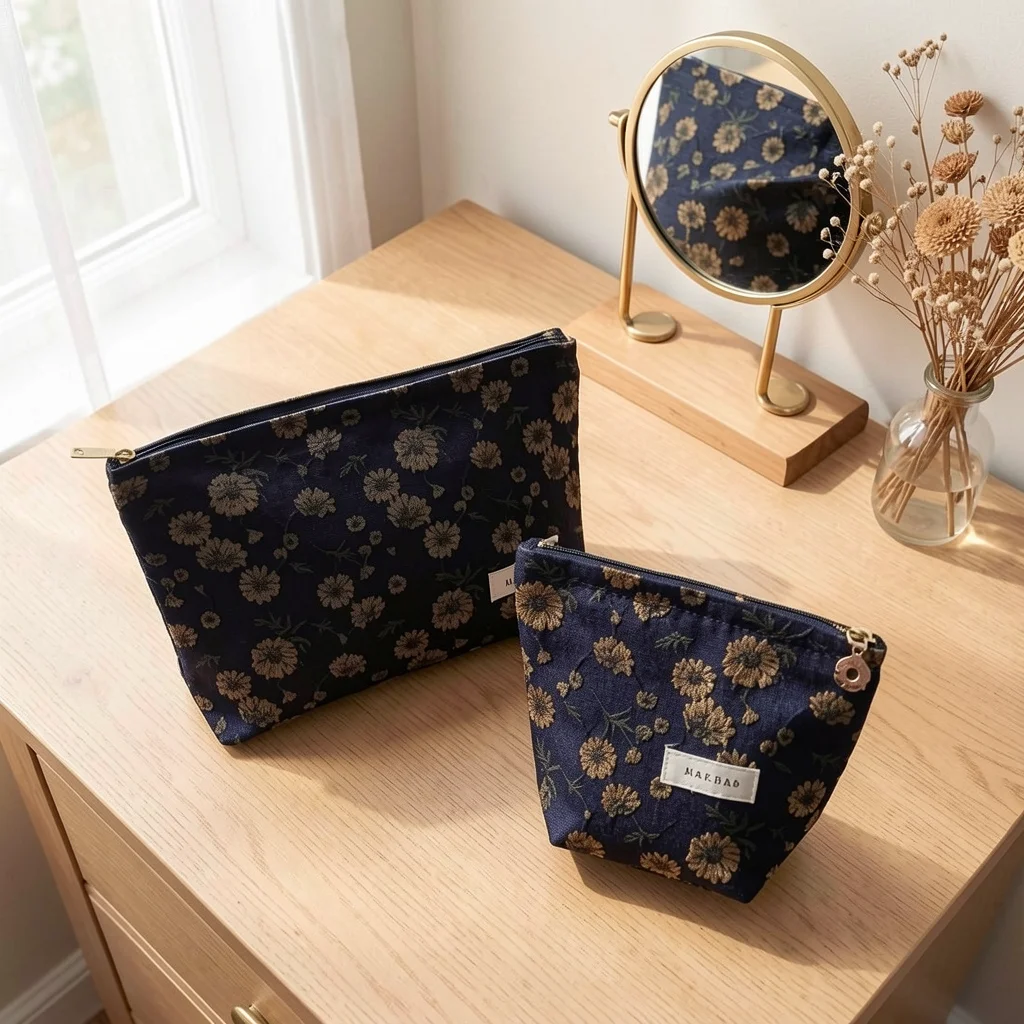 Travel Makeup Pouch Roomy Zipper Cosmetic Bag Daisy Print Cosmetic Bag Jacquard Makeup Pouch For Large Bag Inner Organizer Daily