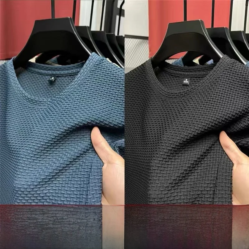 

Новинка 2024, мужская футболка из ледяного шелка, свободная круглая футболка Ne Faionable, эластичный элитный летний топ с бамбуковым узлом